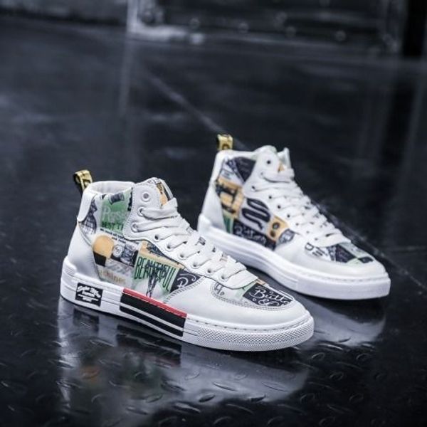

new seasons hip-hop high-printed canvas shoes, high-air-permeable sports shoes, men's middle-leisure board shoes, 2019, Black