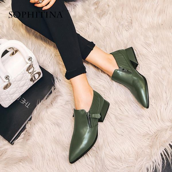 

sophitina 2019 women's basic pumps med square heel cow leather pointed toe zipper casual shoes leisure comfortable pumps mo34, Black