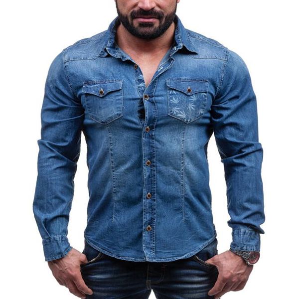 

new denim shirt with solid leaf printed pocket trim for men's long-sleeved shirt 3302, White;black