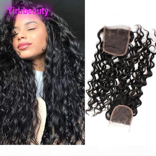 

peruvian virgin human hair 4x4 lace closure water wave nartural color middle brown lace color 8-20inch lace closure, Black;brown
