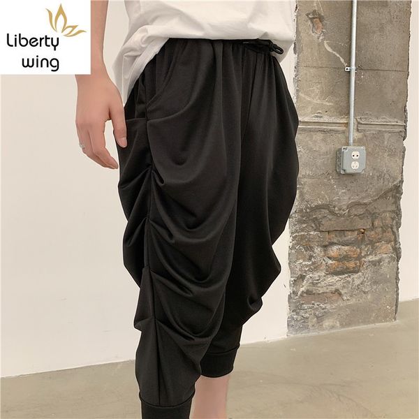 

лето новый легкий мужской теленок длина плиссированные гарем мода повседневная свободная посадка мужской бег трусцой брюки эластичный пояс у, Black