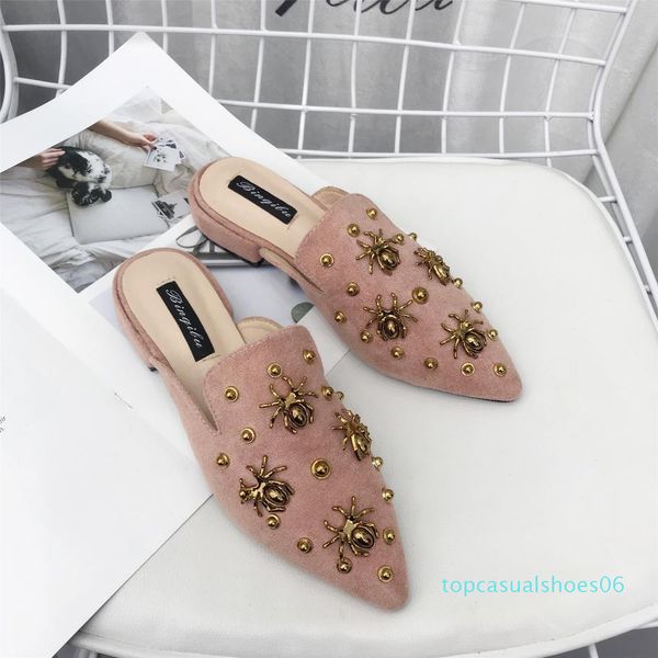 

fashion velvet women slippers pointed toe women flat mules spider metal decoration heel shoes women shoes t06, Black