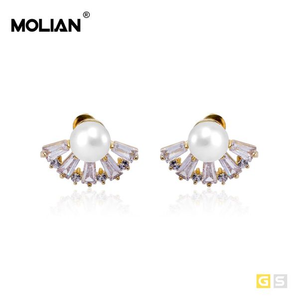 

molian pearl sector cubic zirconia silver copper gold romantic jewelry simple stud earrings for women wedding, Golden;silver