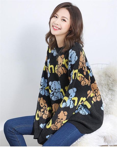 

print warm female clothing fashion style casual apparel womens autumn desinger sweaters long sleeve crew neck bear, White;black