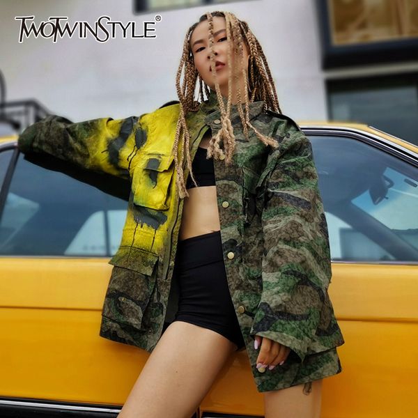 

twotwinstyle camouflage jean jacket women stand collar long sleeve hit color big pocket loose coat female 2019 fashion tide, Black;brown