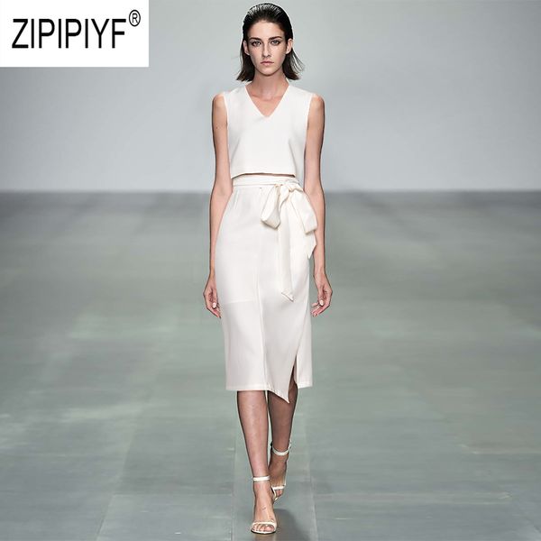

office lady fashion women sets v neck sleeveless fitted cropped bow bandage design slit pencil white short skirts z1729