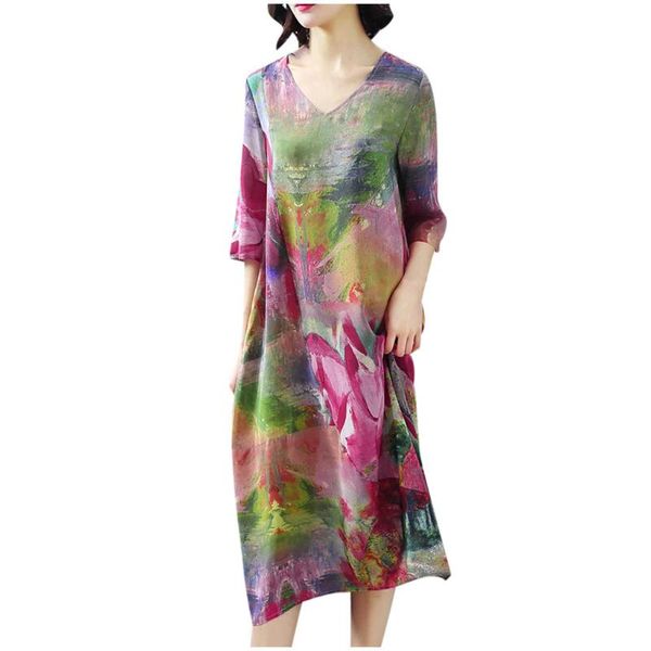 

fashion casual women v-neck short sleeve long dress printed loose dress, White;black