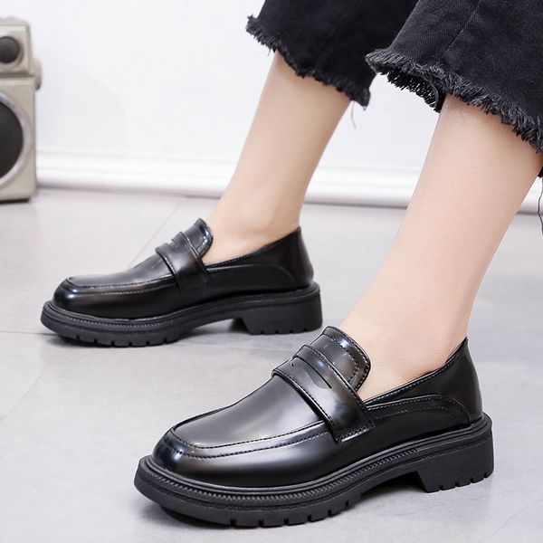 

shoes on heels loafers with fur oxfords women's female footwear round toe casual sneaker all-match slip-on platform, Black