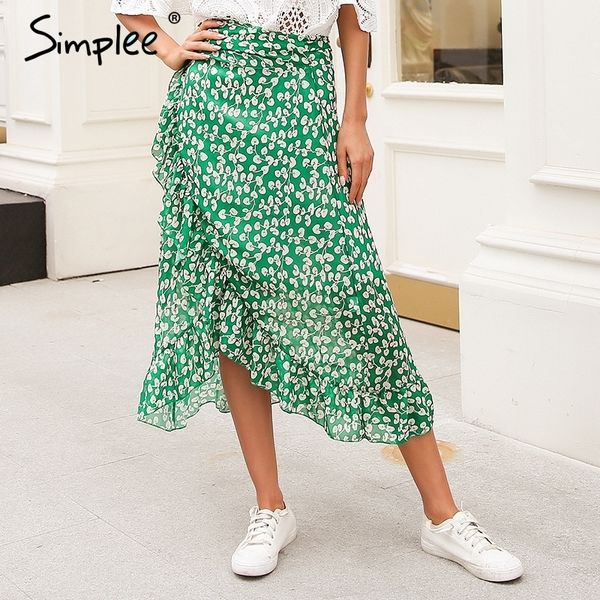 

simplee ruffle leaf print wrap skirt women sash tie up beach summer skirt asymmetric high waist streetwear long skirt femme, Black;gray