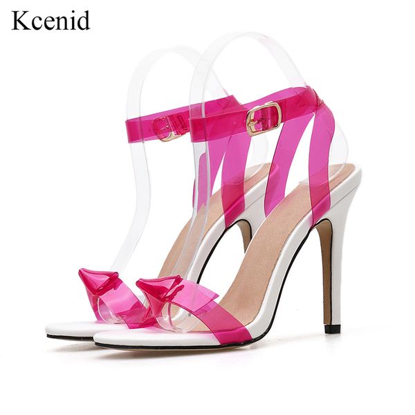 

kcenid women sandals ankle strap high heels pvc clear summer shoes woman concise open toe with knot ladies sandals new, Black