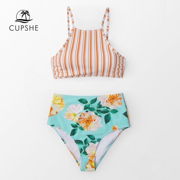 

cupshe orange stripe and floral high-waisted tank bikini sets 2019 women boho lace-up two pieces swimsuits