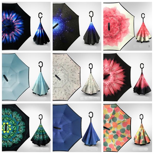 

38 designs folding reverse umbrella double layer inverted windproof rain car umbrellas for girls fast shipping free, Red;brown