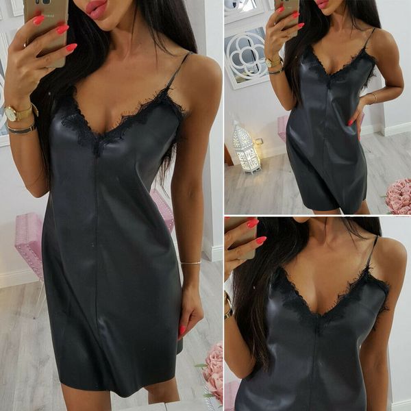 

кожа pu женщины спагетти ремень свободные короткие vestidos твердые черные кружева цветочные v шеи 2019 весна женская новая мода мини-платье, Black;gray