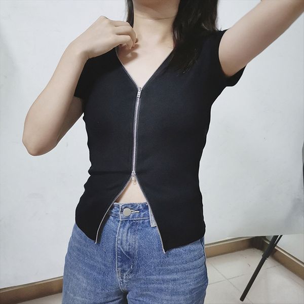 

2020 t-shirt zipper women's v-neck slim knitted short t-shirt double zipper short sleeve women, White