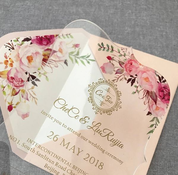 

floral acrylic wedding invitation customized fancy shape with envelope liner 30pcs
