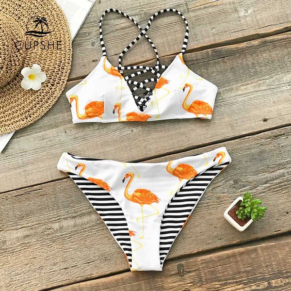 

cupshe orange flamingo reversible bikini sets women lace up thong two pieces swimsuits 2019 girl sexy bathing suits, White;black