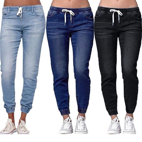 

2019 fashion casual women plus size foot lantern drawstring elastic waist jeans loose denim long pants for women jeans, Blue