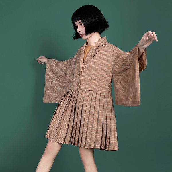 

tvvovvin женщина пальто flare рукав плиссированной lattice длинных пальто женщины color matching нерегулярного vintage куртка 2019fashion v1, Black;brown