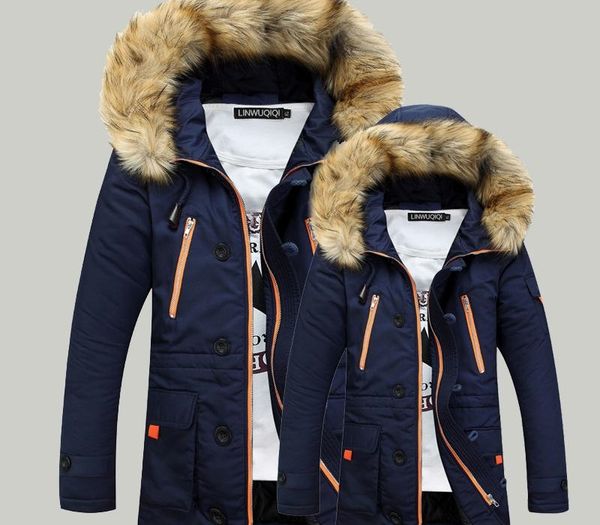 

thickening parkas men 2019 winter jacket men's coats male outerwear fur collar casual long cotton wadded men hooded coat, Black