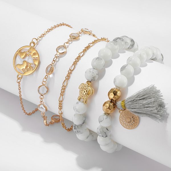 

ladies bracelets set geometric hollow map tassel turtle rhinestones beaded bracelet 4/5pcs/set j55, Black