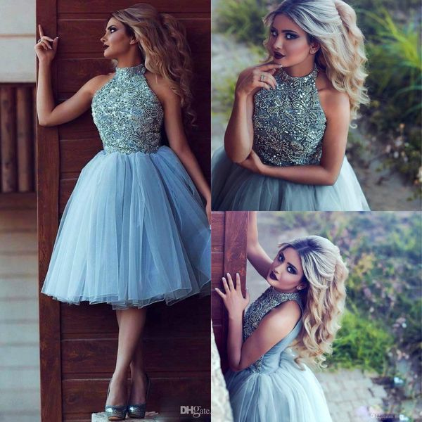 

2020 sky blue crystal beaded a-line homecoming dress short layers tulle cocktail patry gown plus size prom evening formal dresses, Blue;pink