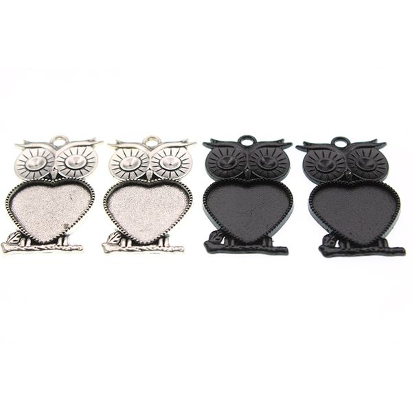 

10pcs 20mm inner size heart glass cabochon base setting owl necklace pendant antique silver black color for diy jewelry making