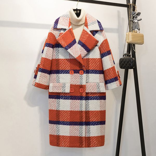 

winter 2018 plaid wool coat temperament medium-length wool coat woman double breasted v-neck women overcoat, Black