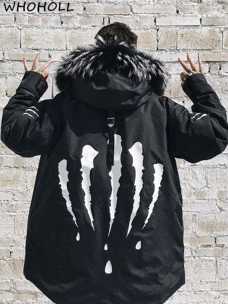 

hip hop scratching fur collar hooded coat street wear fashion cotton parka jacket add wool clothing thicken men women coats, Black