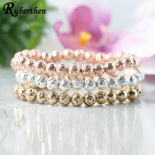 

ruberthen 6 мм металлический lava браслет из бисера розовое золото лавы браслет ручной работы женские dainty ювелирные изделия из бисера, Black