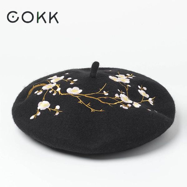 

embroidered flower wool beret korean autumn winter hats for women ladies painter cap vintage bonnet beanie chapeau femme gorras, Blue;gray