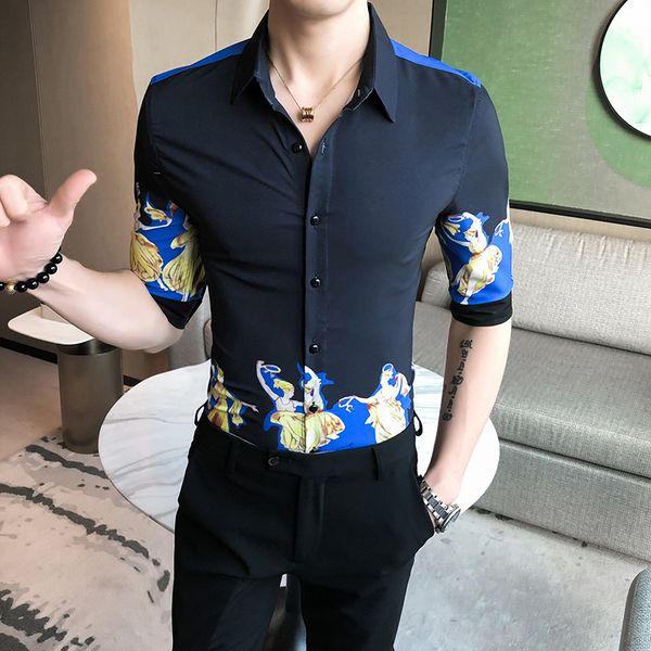 

men's casual shirts british style summer men floral shirt fashion 2021 slim fit social half sleeve streetwear club tuxedo dress blouse, White;black