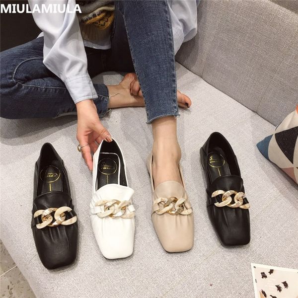 

miulamiula 2020 spring new metal chain square toe genuine leather flats shoes women slip on loafers casual, Black