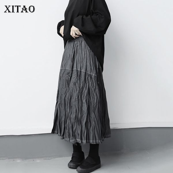 

xitao wrinkle твердая юбка женщины 2020 осень повседневная сыпучие мода новый стиль темперамент все матч природные талии юбка zp1501, Black