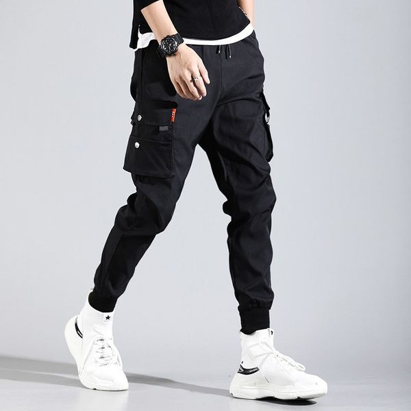 

men hip hop pantalones hombre high street kpop casual cargo pants with many pockets joggers modis streetwear trousers harajuku, Black