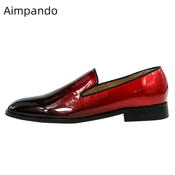 

mordern vintage gradient claret casual shoes men round toe slip on loafers wine red patent leather flat dress shoes for men, Black