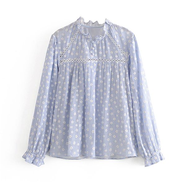 

women chic floral cotton blouses 2020 ruffle long sleeve elegant hollow out shirt loose casual tunic blouse blusa mujer, White