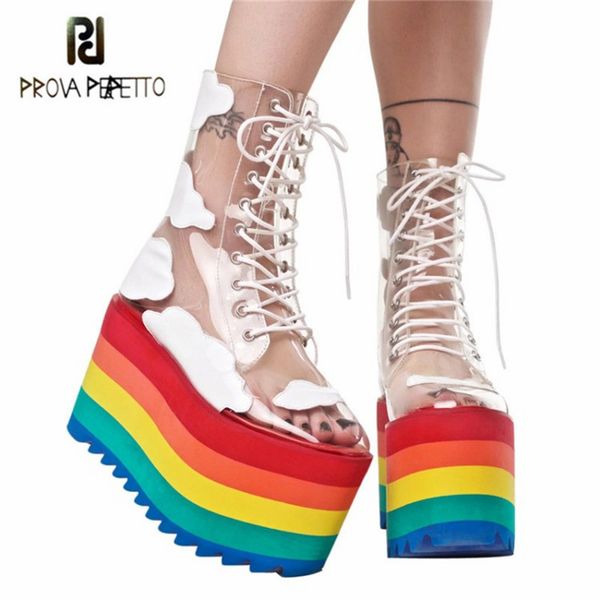 

2020 rainbow heels women boots high platform mid boots for women transparency pvc lace up party shoes woman boats mujer, Black