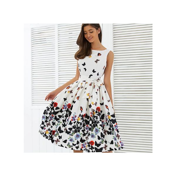 

womens lightweight summer casual round neck a-line dress comfort flowy sundress pleated hem sleeveless floral printing dresses, Black;gray