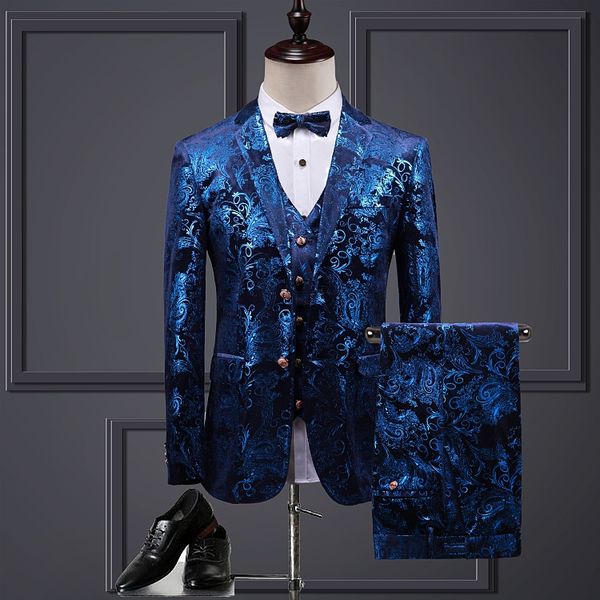 

hip 100% real men peacock blue jacquard european flower tuxedo jacket vest and pants vintage stage performance wedding jacket, White;black