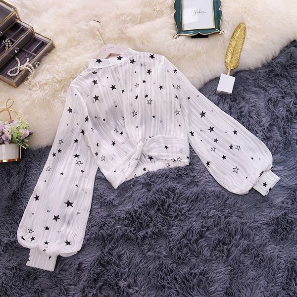 

summer print star perspective shirt women printed o neck lantern sleeve blouse female 2020 fashion new korean, White