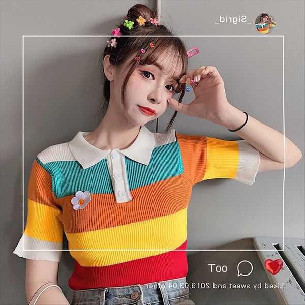 

knitted ice silk t-shirt women 2020 rainbow stripe lapel short-sleeved versatile slim women short-sleeved t-shirt, White