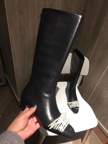 

brand chic pearl decor knee-high boots women med heels bota feminina back zipper long booties chic sapatos feminino runway shoes, Black