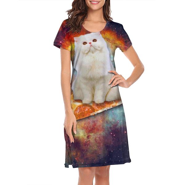

nighties for women pizza cat printing band cute short sleeve nightdress pumpkin pie cat or pumpcat pie i love head in heart mew cats cat, Black;red