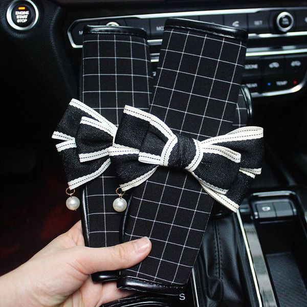 

cute bowknot car safety seat belt cover classic plaid auto shoulder pad sets for girls women car styling interior accessories