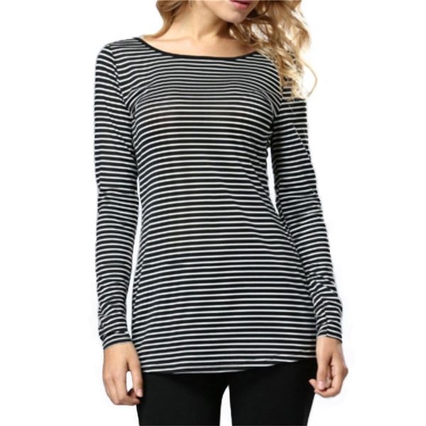 

womens designer back cross t-shirt round neck long sleeve striped sweater womenl0cb, Black;brown