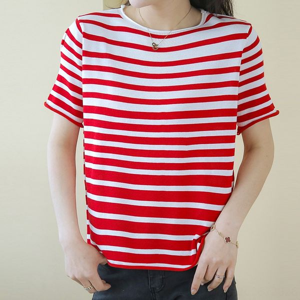 

products 2020 round collar striped knitted short-sleeved women's ins fashionable t-shirt t-shirt women's clothing, White