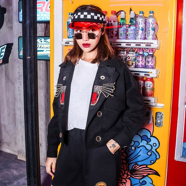 

new autumn winter 2019 women brief casual loose black short woolen jacket ladies fashion hat embroidery wool coat outerwear