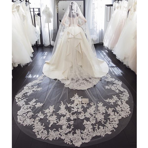

simple elegant wedding veils 3 meters long lace appliqued ivory or white cathedral length bridal veil, Black