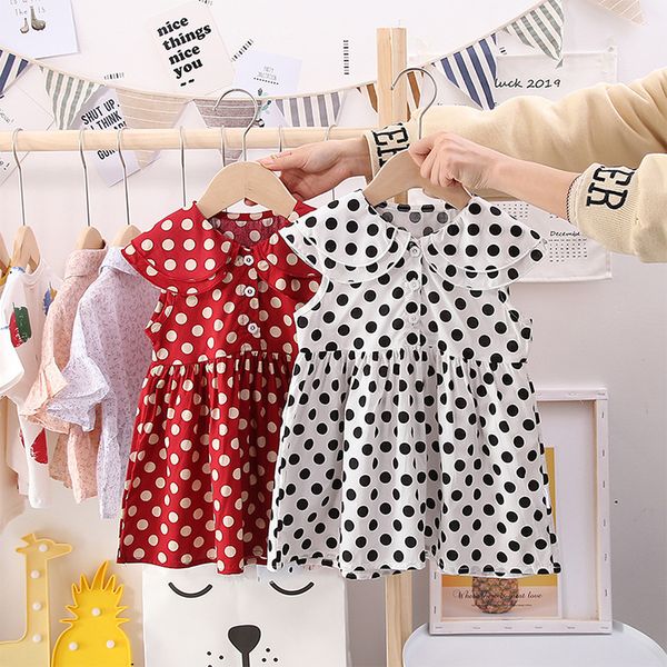 

retail kids designer dress girls big lapel korean polka dots dresses childrens princess dress cotton casual pleated skirt boutique clothes, Red;yellow