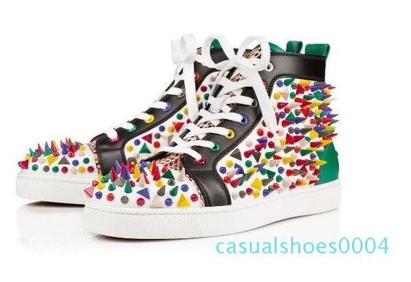 

popular 2018 white leather &silver spiked red bottom with box royaums high men and women fashion sneakers 36-47 c04, Black